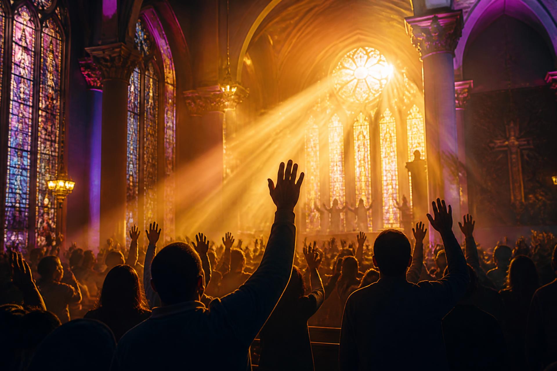 Worshippers with raised hands under warm golden light during a Sunday service at Synagogue City Ministry